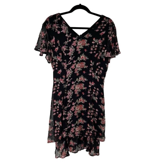 90s Vtg Black Pink Floral Layered Hem V Neck Flutter Sleeve Dress Sz M Womens - Picture 1 of 7